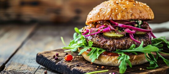 Aufkleber - Lamb burger with pickled cucumber fresh salad leaves and mint and garlic yogurt. Creative Banner. Copyspace image
