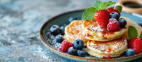 Poster - Delicious and homemade mini pancakes as a sweet perfect snack Poffertjes with fruits as sweet breakfast. Creative Banner. Copyspace image