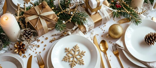 Aufkleber - Christmas festive table setting with white plates and gold cutlery white linen napkin gifts in white and gold paper wooden snowflake decoration paper decorations and balls Flatlay blue and gold