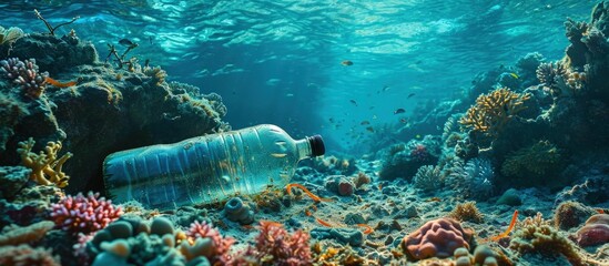 Aufkleber - A very old non biodegradable plastic bottle on the sea floor on a tropical coral reef. Creative Banner. Copyspace image