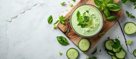 Poster - Cucumber Gazpacho Green fresh cold summer soup Top view. Creative Banner. Copyspace image