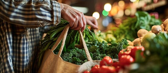 Poster - Customer in zero waste supermarket talking with vendor inquiring about freshly received batch of farm grown organic fruits Environmentally conscious client in bio store asking for healthy produ