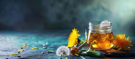 Poster - A glass jar of dandelion honey with a dipper and fresh flowers. Creative Banner. Copyspace image