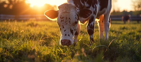 Poster - Calf eating green grass at sunset Farm baby animal. Creative Banner. Copyspace image