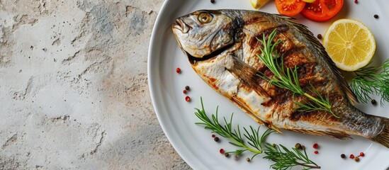 Poster - Dorado on grill on a white plate on white concrete table. Creative Banner. Copyspace image