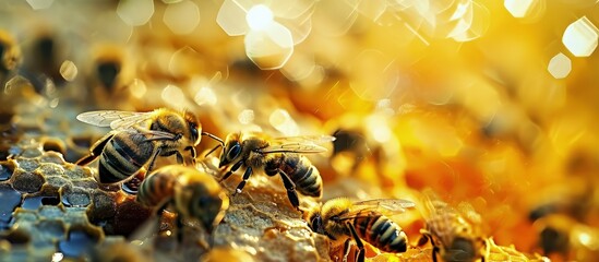 Poster - closeup of bees on honeycomb in apiary selective focus copy space. Creative Banner. Copyspace image
