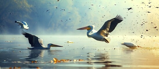 Wall Mural - Danube delta wild life birds two birds gliding on a serene lake showcasing the beauty of nature and the diverse ecosystem with pelican heron and egret. Creative Banner. Copyspace image