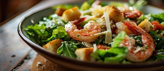 Poster - Italian caesar salad with shrimp croutons and parmesan selective focus. Creative Banner. Copyspace image