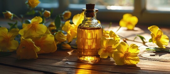 Poster - A glass bottle with capsules of evening primrose oil spilled on a table with blooming Oenothera biennis plant in the background. Creative Banner. Copyspace image