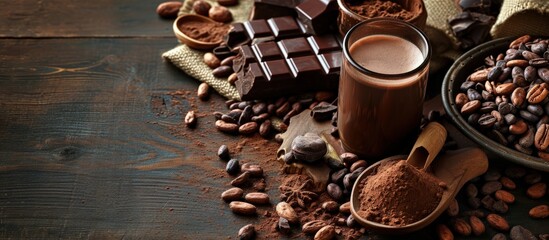 Aufkleber - Cocoa in different presentations hot drink beans powder and chocolate bar. Creative Banner. Copyspace image