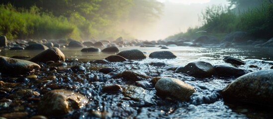 Poster - Ilky water drops from rock stream in misty morning in Vermont. Creative Banner. Copyspace image