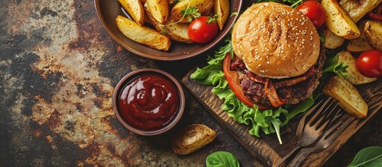 Poster - Burger ingredients overhead flat lay shot with French fries and a barbecue sauce Hamburger and potatoes shot from the top. Creative Banner. Copyspace image