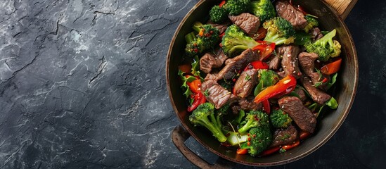 Aufkleber - Beef with broccoli vegetables cooking roasting in steel pan. Creative Banner. Copyspace image