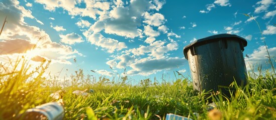 Poster - Colorful Industrial Waste Bin dumpster for municipal waste or industrial waste on green grass and blue sky background with ecology concept. Creative Banner. Copyspace image