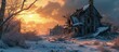 Apocalyptic landscape The remains of destroyed houses covered with snow at sunset. Creative Banner. Copyspace image