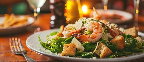 Poster - Italian caesar salad with shrimp croutons and parmesan selective focus. Creative Banner. Copyspace image
