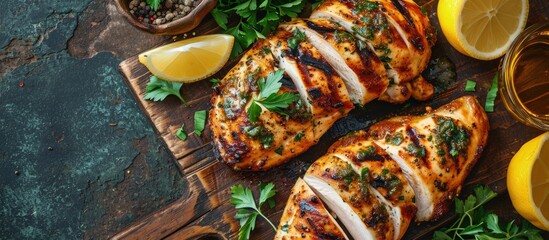 Poster - Grilled chicken breast with spice rub and lemon on a cutting board sliced and whole. Creative Banner. Copyspace image