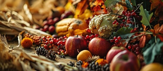 Poster - large group of fall harvest vegetables including corn and apples. Creative Banner. Copyspace image