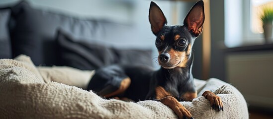 Poster - Adorable purebred Toy terrier looking aside while sitting on fluffy dog bed at home. Creative Banner. Copyspace image