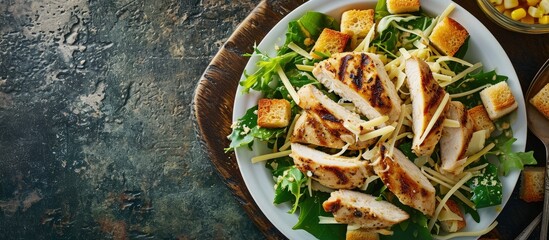 Poster - Healthy Grilled Chicken Caesar Salad with Cheese and Croutons. Creative Banner. Copyspace image