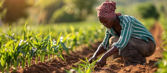 Wall Mural - African woman Agriculture Farmer examining corn plant in field Agricultural activity at cultivated land Woman agronomist inspecting maize seedling Expert inspect plant quality in green field ru