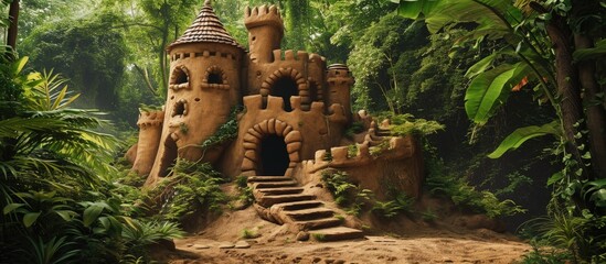 A clay fantasy castle featuring faces feet stairs and towers stands on the forest floor in a Potters garden. Creative Banner. Copyspace image