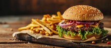 Closeup Of Traditional Cheeseburger Or Hamburger And French Fries. Creative Banner. Copyspace Image