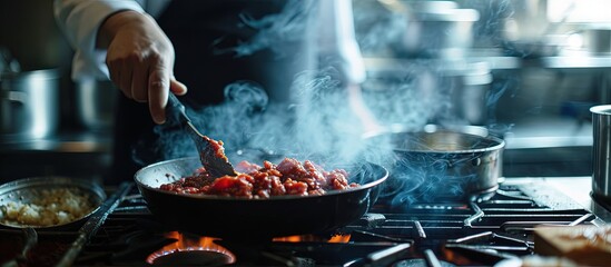 Poster - Chef puts tomato paste from tube into pan with meat on gas stove. Creative Banner. Copyspace image
