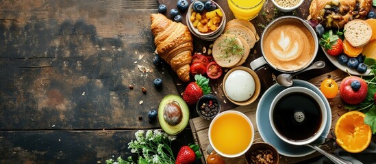 Poster - Breakfast with coffee orange juice croissant egg vegetables and fruits. Creative Banner. Copyspace image