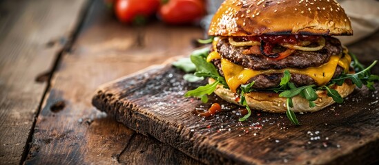 Wall Mural - Burger with meat and cheese on wooden board. Creative Banner. Copyspace image