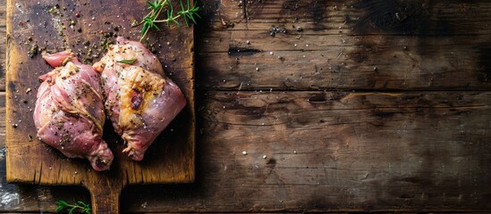 Wall Mural - grilled chicken fillets on wooden cutting board top view. Creative Banner. Copyspace image