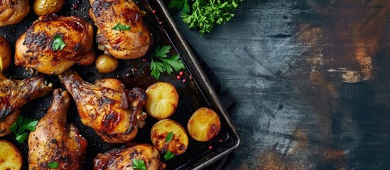 Poster - Grilled chicken legs with potato slices on a black metal tray Top view. Creative Banner. Copyspace image