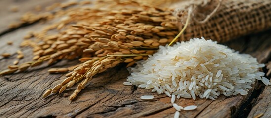Aufkleber - Cooked rice with dry ears of jasmine rice and wooden table. Creative Banner. Copyspace image