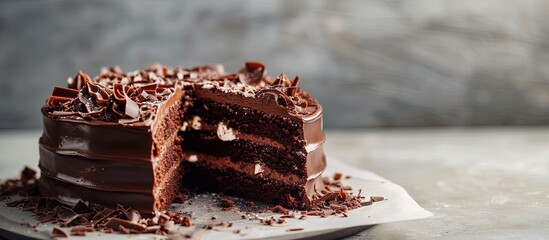 Aufkleber - Front view of a triple layered chocolate cake with a large slice removed. Creative Banner. Copyspace image
