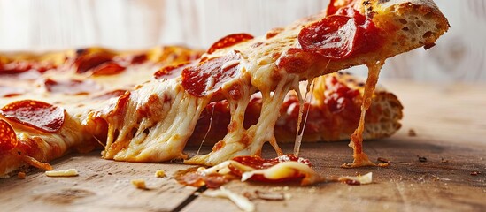 Aufkleber - Lifted pepperoni pizza slice with melted cheese. Creative Banner. Copyspace image