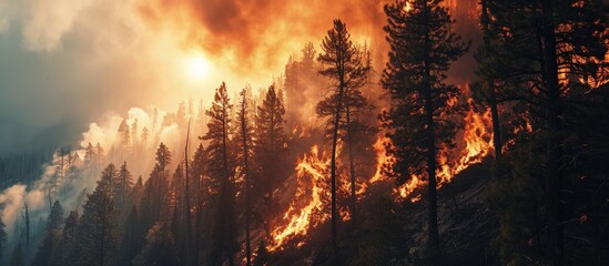 Canvas Print - Aerial view forest fire on the slopes of hills and mountains Large flames from forest fire Summer forest fires Smoke of a forest fire obscures the sun Natural disasters. Creative Banner