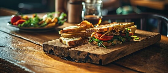 Wall Mural - Club sandwich on wooden board on a table in a cafe. Creative Banner. Copyspace image