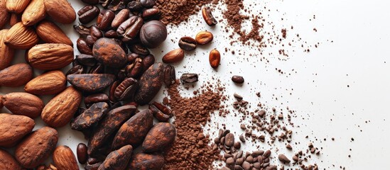 Aufkleber - Cocoa drink and cocoa powder in wooden spoon isolated on white background Top view Flat lay. Creative Banner. Copyspace image