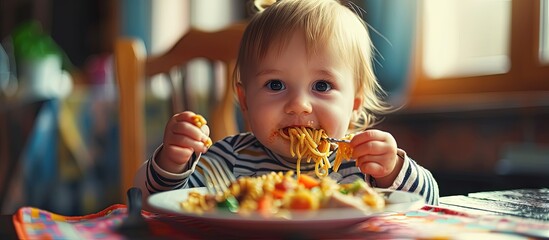 Sticker - Adorable toddler girl eat pasta macaroni bolognese with minced meat Happy child eating fresh cooked healthy meal with noodles and vegetables at home indoors. Creative Banner. Copyspace image