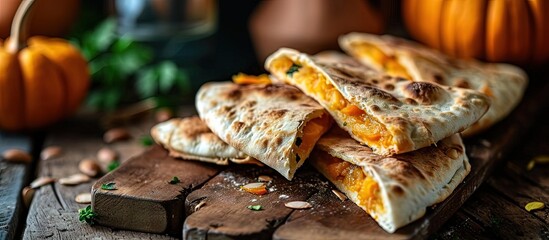 Poster - Freshly sweet pumpkin baked goods in pita bread. Creative Banner. Copyspace image