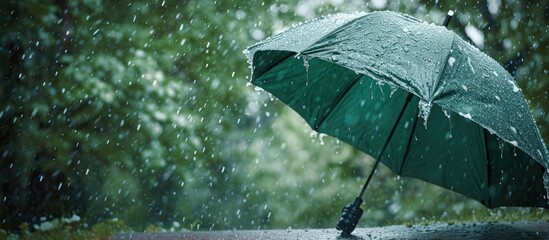 Poster - Broken green umbrella in park on rainy day with hail. Creative Banner. Copyspace image