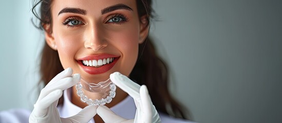 Aufkleber - Female doctor holding two transparent heart shaped dental aligners. Creative Banner. Copyspace image