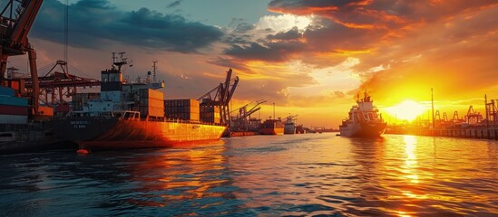 Sticker - container ship in import export port against beautiful sunset light of loading ship yard use for freight and cargo shipping vessel transpo. Creative Banner. Copyspace image