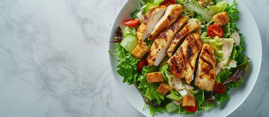Poster - Healthy Grilled Chicken Caesar Salad with Cheese and Croutons. Creative Banner. Copyspace image