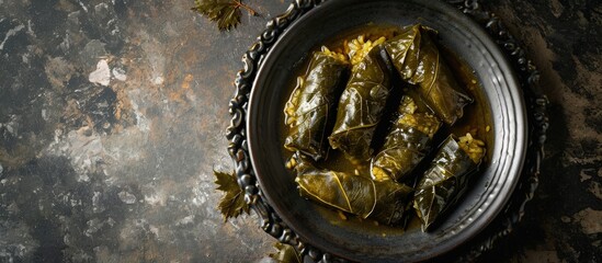 Poster - Delicious traditional oriental Turkish grape leaf dolma stuffed with rice on a red heart shaped plate. Creative Banner. Copyspace image