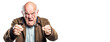 An elderly man grandfather shouts in angry anger, aggressively disappointed, white background isolate. .