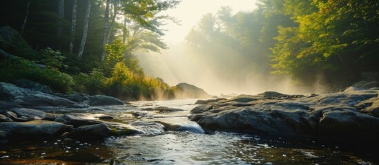Poster - Ilky water drops from rock stream in misty morning in Vermont. Creative Banner. Copyspace image