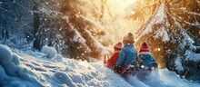 Active Healthy Grandparents And Their Happy Grandchildren Toddler Girl And Teenage Boy Wearing Colorful Snowsuits Enjoying A Sledge Ride In Beautiful Snowy Forest On Sunny Winter Day. Creative Banner