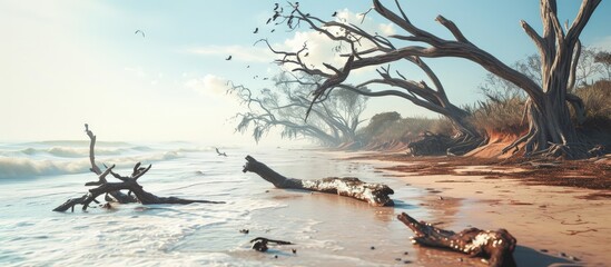 Canvas Print - Large bare trees and driftwood on the beach. Creative Banner. Copyspace image