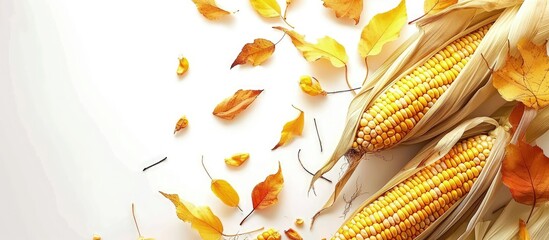 Poster - Corn cobs and kernels with dry wilted maize leaves isolated on white background. Creative Banner. Copyspace image